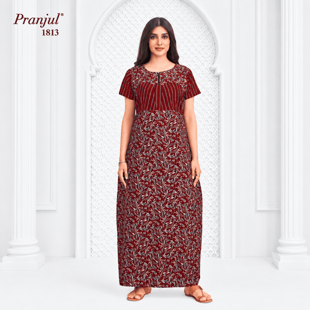 Pranjul 1813 Cotton Nighty for Women | Leaf Printed Full Length Night Gown with Pocket XL OneZeros