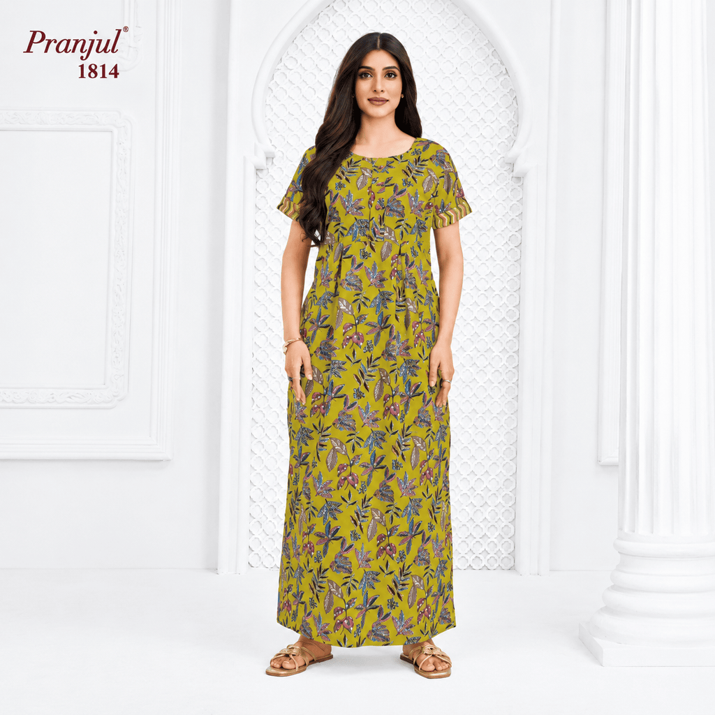 Pranjul 1814 Cotton Nighty for Women | Floral Printed Full Length Night Gown with Pocket XL OneZeros