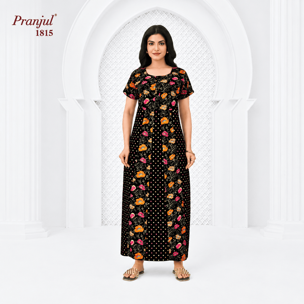 Pranjul 1815 Cotton Nighty for Women | Floral Printed Full Length Night Gown with Pocket OneZeros