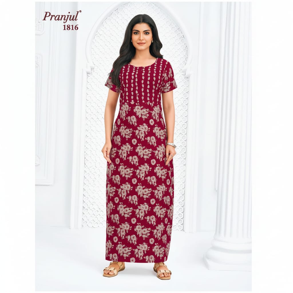Pranjul 1816 Cotton Nighty for Women | Floral Printed Full Length Night Gown with Pocket XL OneZeros