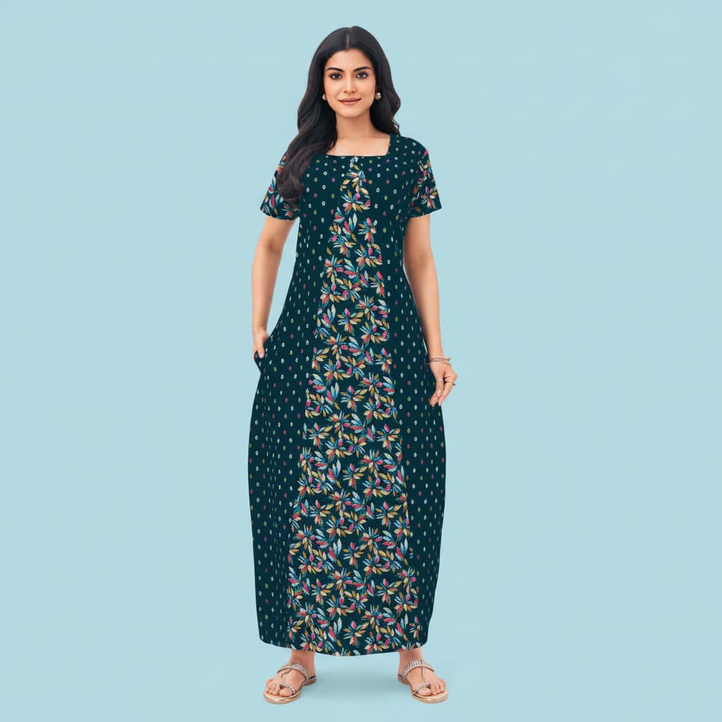 Pranjul 1817 Cotton Nighty for Women | Floral Printed Full Length Night Gown with Pocket OneZeros