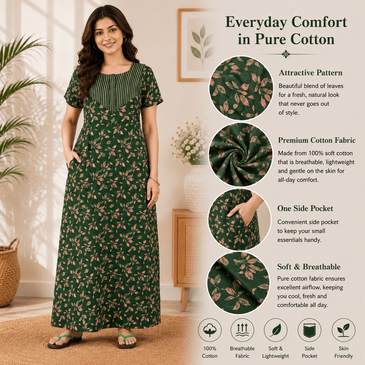 Pranjul 1818 Green Floral Printed Cotton Nighty OneZeros