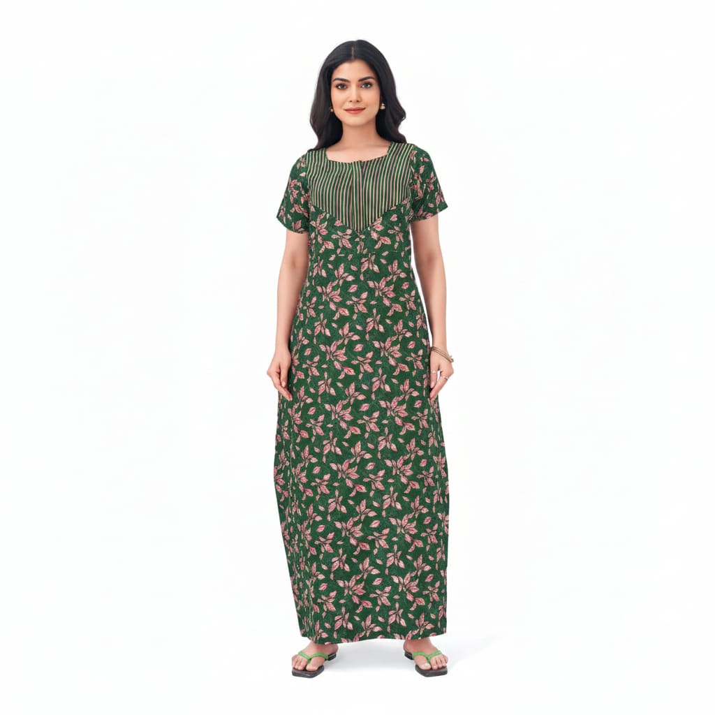 Pranjul 1818 Green Floral Printed Cotton Nighty with Round Neck & Side Pockets OneZeros