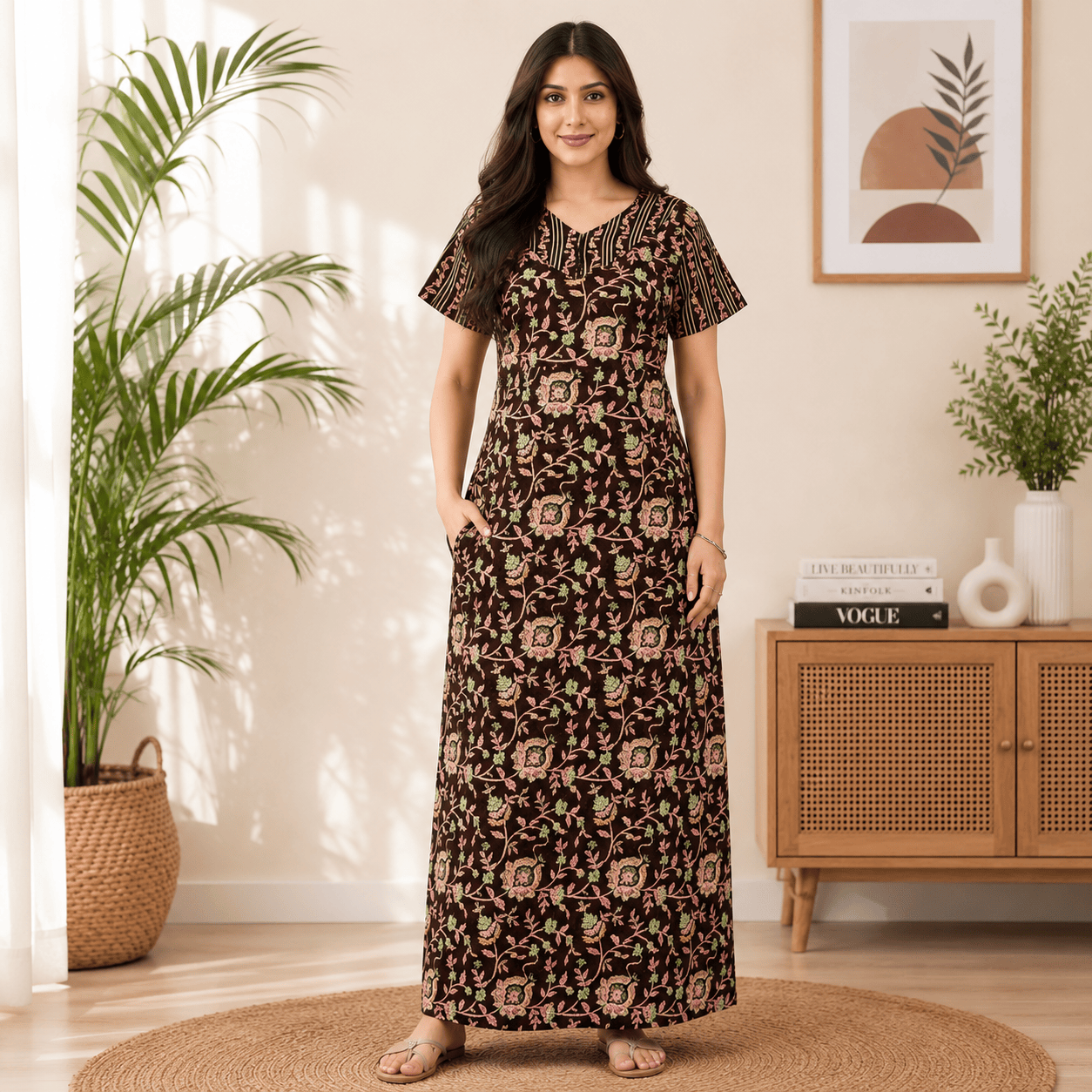 Pranjul 1819 Brown Floral Printed Cotton Nighty XXL OneZeros