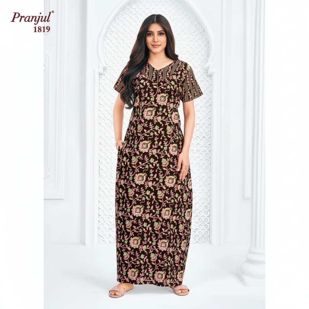 Pranjul 1819 Brown Floral Printed Cotton Nighty with Round Neck & Side Pocket OneZeros