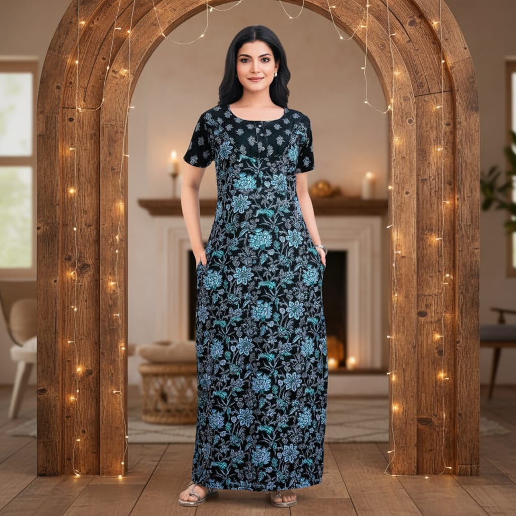 Pranjul 1820 Black Floral Printed Cotton Nighty with Round Neck & Side Pockets OneZeros