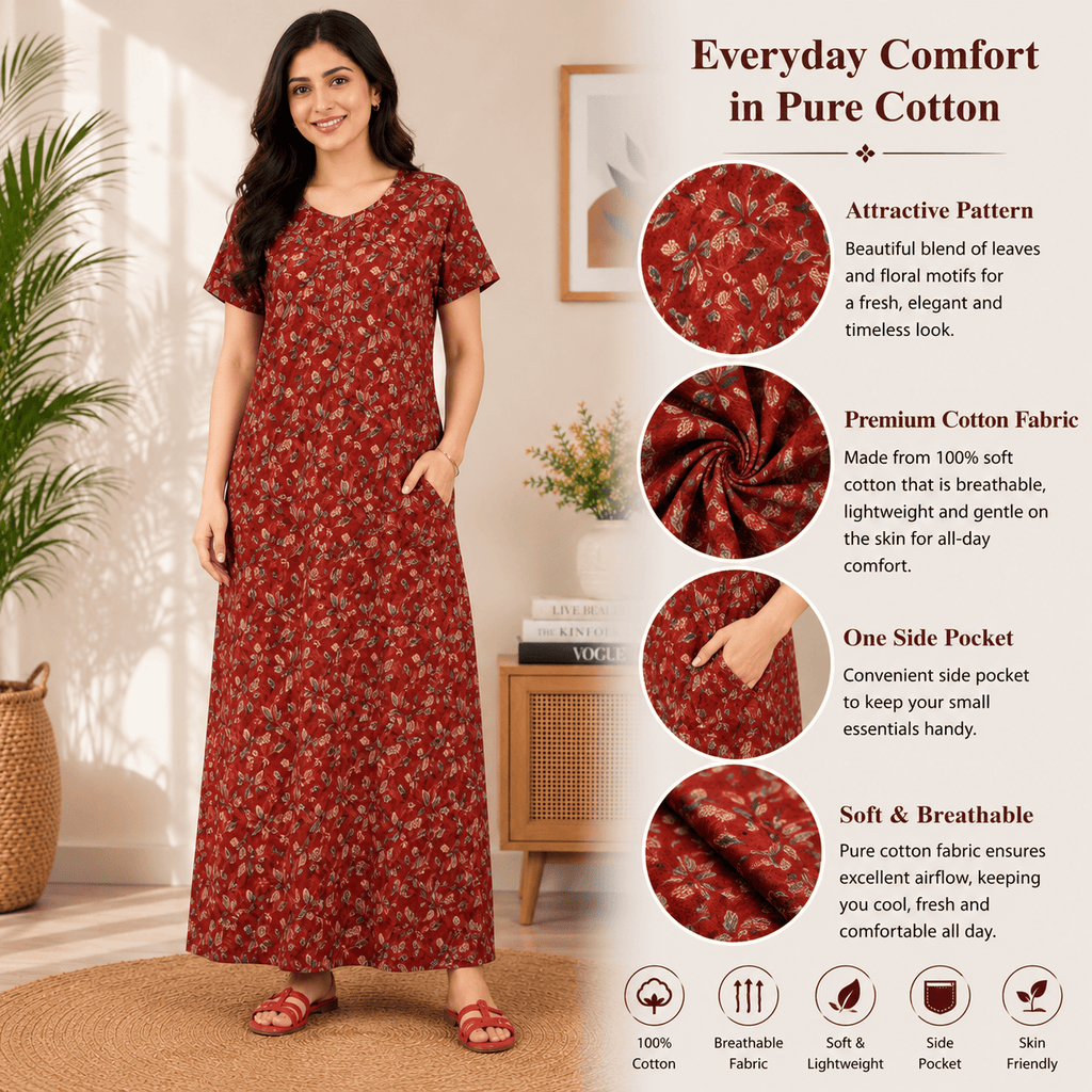 Pranjul 1821 Red Floral Printed Cotton Nighty OneZeros