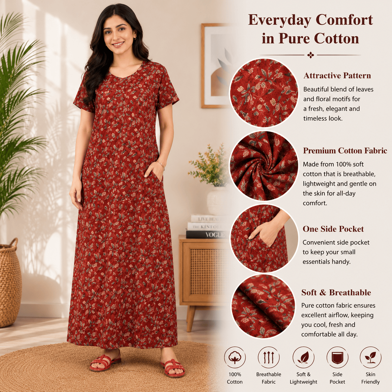 Pranjul 1821 Red Floral Printed Cotton Nighty OneZeros