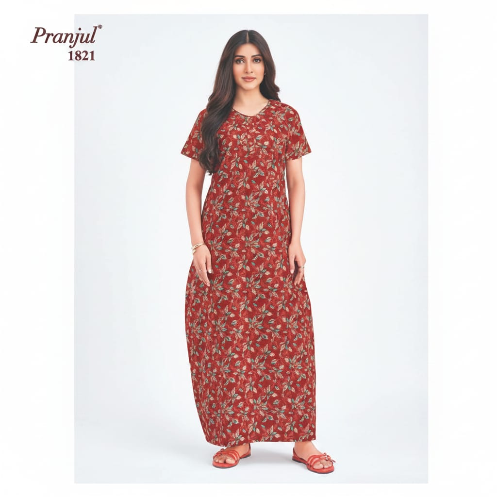 Pranjul 1821 Red Floral Printed Cotton Nighty with Round Neck & Side Pockets OneZeros