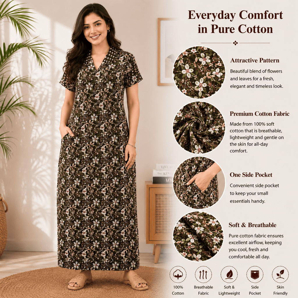Pranjul 1822 Dark Brown Floral Printed Cotton Nighty OneZeros