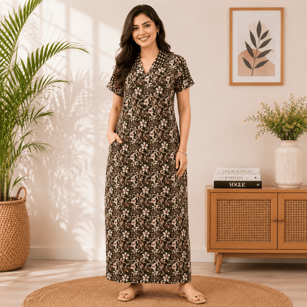 Pranjul 1822 Dark Brown Floral Printed Cotton Nighty XL OneZeros