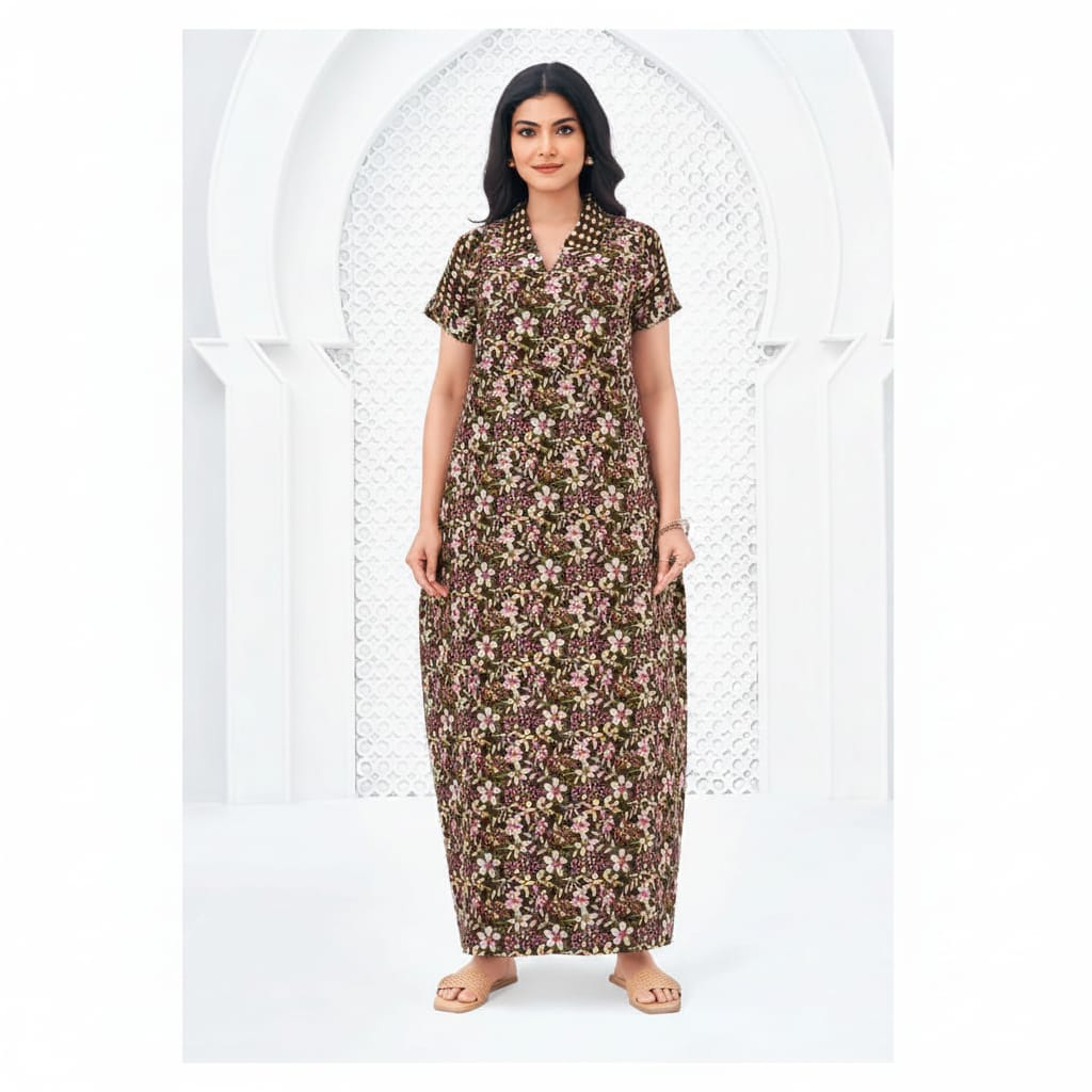 Pranjul 1822 Dark Brown Floral Printed Cotton Nighty with Collar & Side Pockets XL OneZeros