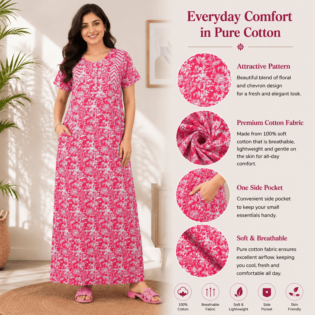 Pranjul 1823 Cerise Red Floral Printed Cotton Nighty for Women OneZeros