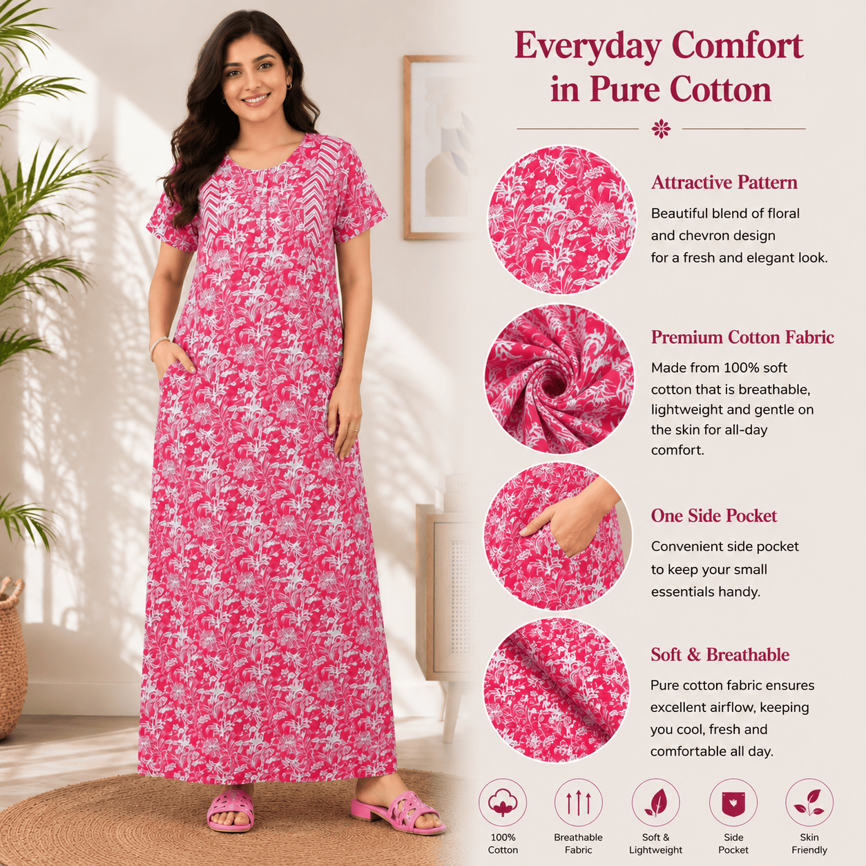 Pranjul 1823 Cerise Red Floral Printed Cotton Nighty for Women OneZeros