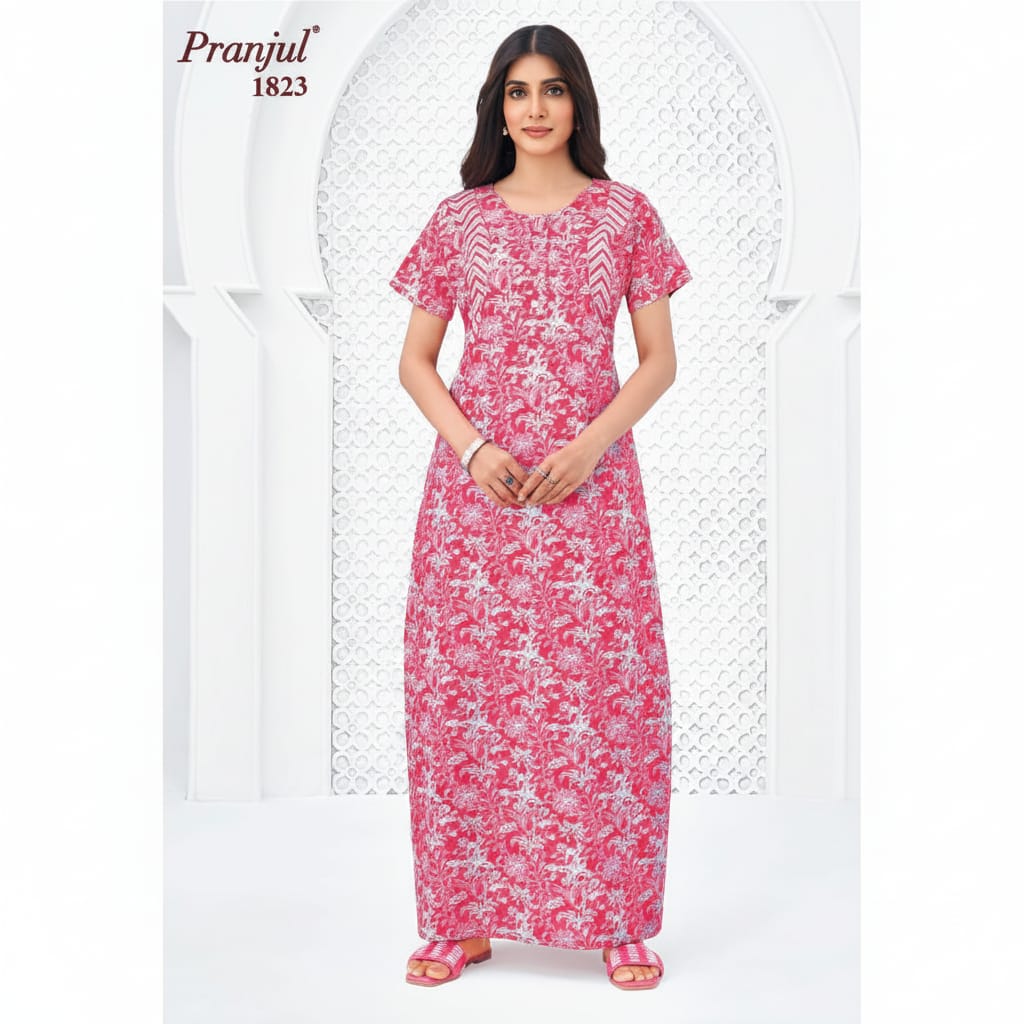 Pranjul 1823 Cerise Red Floral Printed Cotton Nighty for Women | Soft Full-Length Nightgown OneZeros