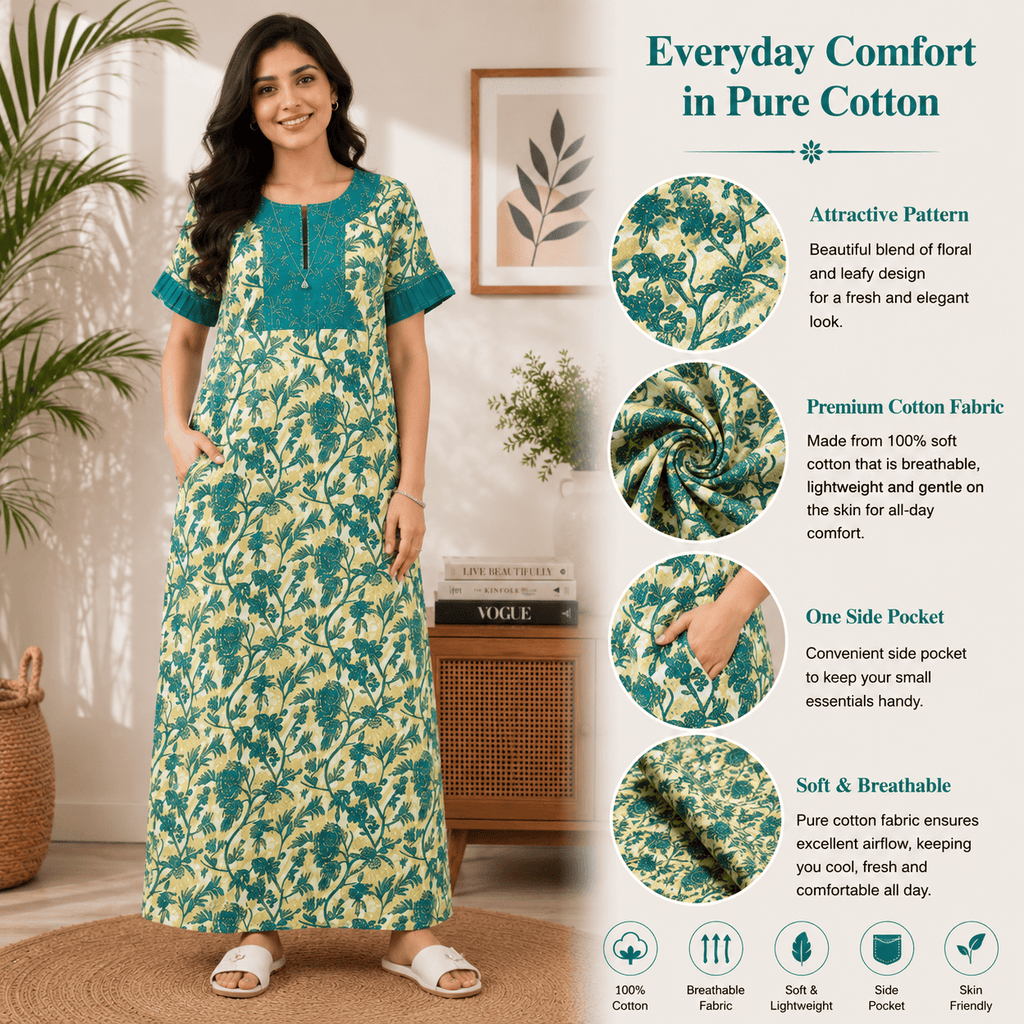 Pranjul 1824 Cream & Cyan Floral Printed Cotton Nighty for Women OneZeros
