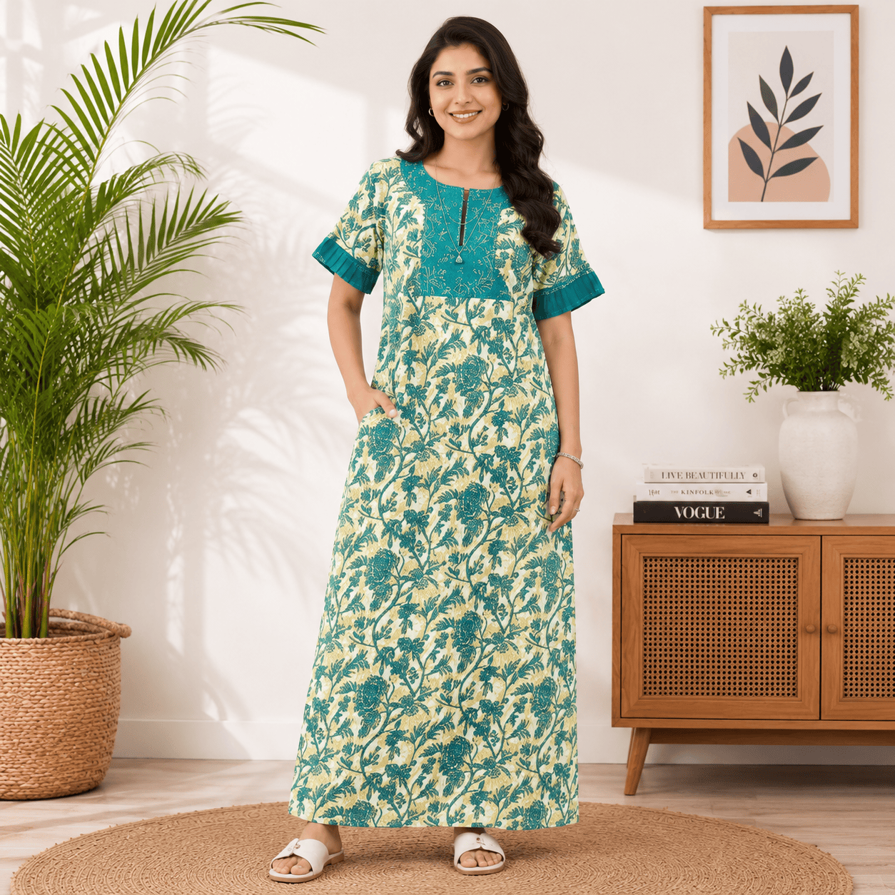 Pranjul 1824 Cream & Cyan Floral Printed Cotton Nighty for Women XXL OneZeros