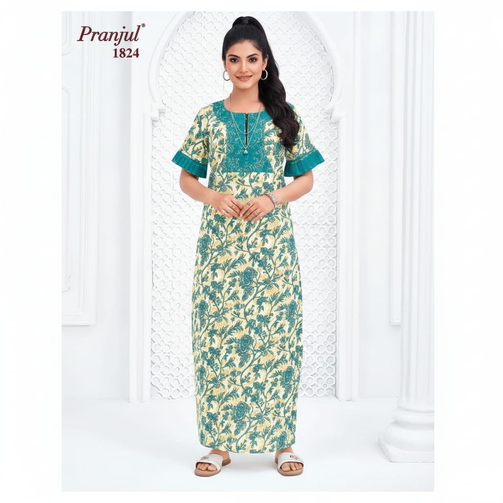 Pranjul 1824 Cream & Cyan Floral Printed Cotton Nighty for Women | Soft Full-Length Nightgown XXL OneZeros