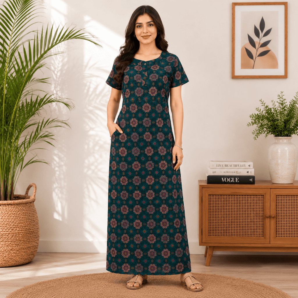 Pranjul 1825 Dark Cyan Ajrakh Printed Cotton Nighty for Women XXL OneZeros
