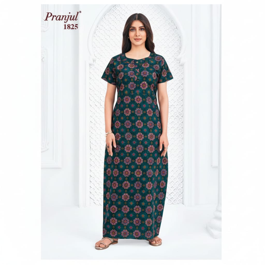 Pranjul 1825 Dark Cyan Ajrakh Printed Cotton Nighty for Women | Soft Full-Length Nightgown XXL OneZeros
