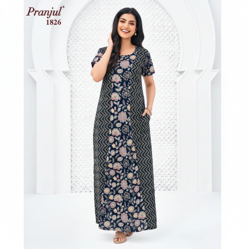 Pranjul 1826 Navy Blue Floral & Wave Printed Cotton Nighty for Women | Soft Full-Length Nightgown OneZeros