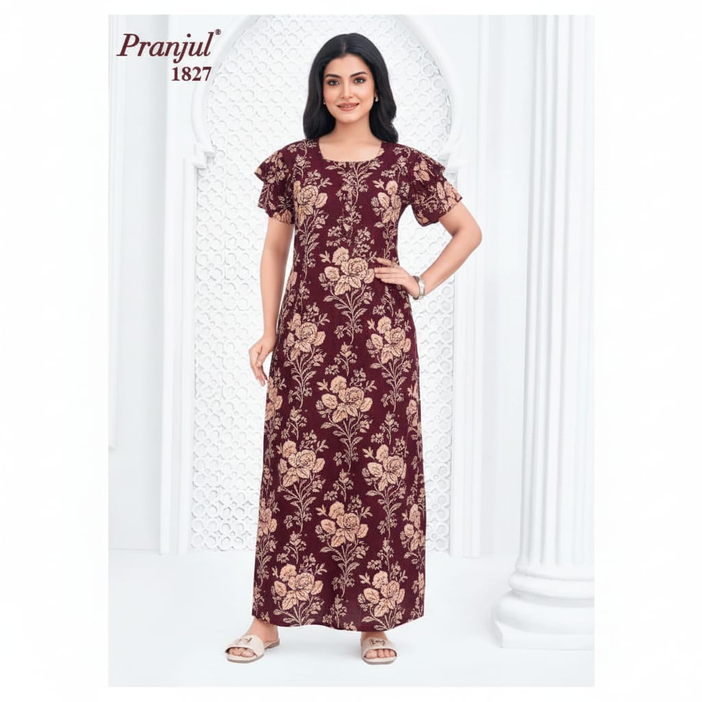 Pranjul 1827 Maroon Printed Cotton Nighty for Women | Soft & Comfortable Full-Length Nightgown XXL OneZeros