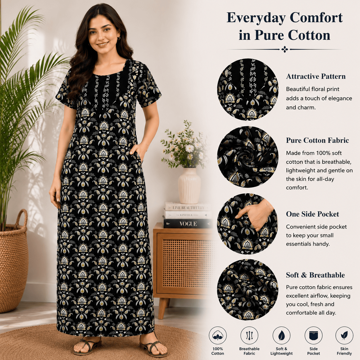 Pranjul 1828 Black Floral Printed Cotton Nighty for Women OneZeros