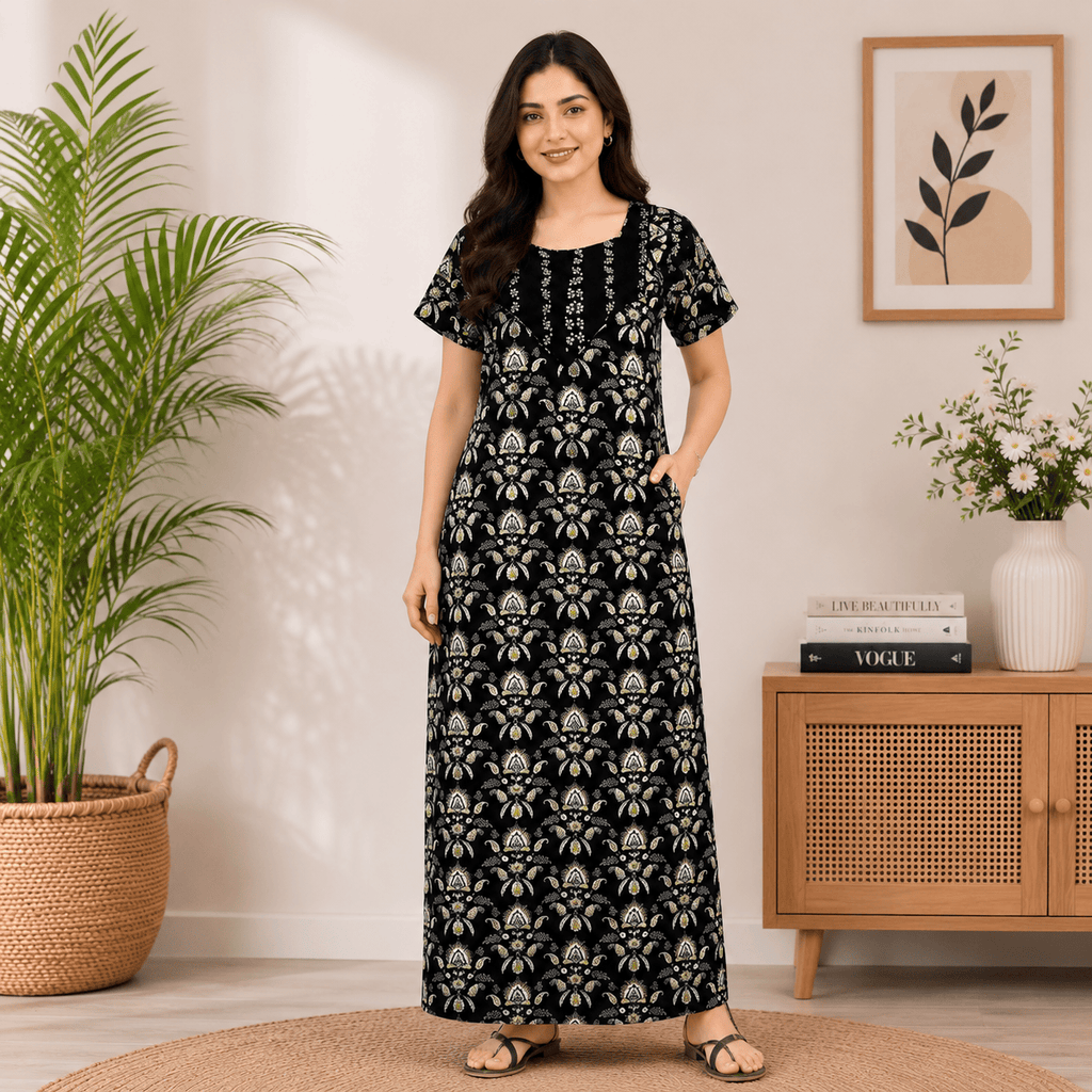 Pranjul 1828 Black Floral Printed Cotton Nighty for Women XL OneZeros