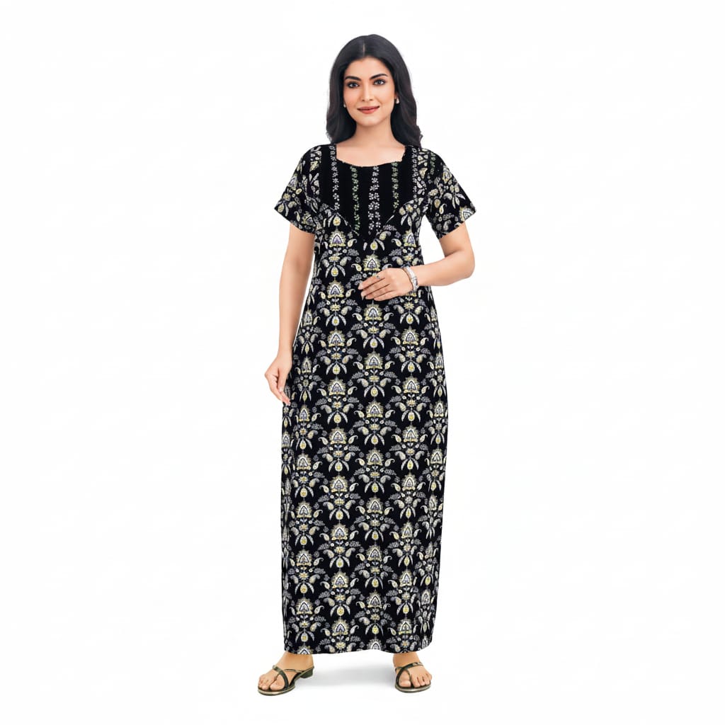 Pranjul 1828 Black Floral Printed Cotton Nighty for Women | Soft & Comfortable Full-Length Nightgown OneZeros