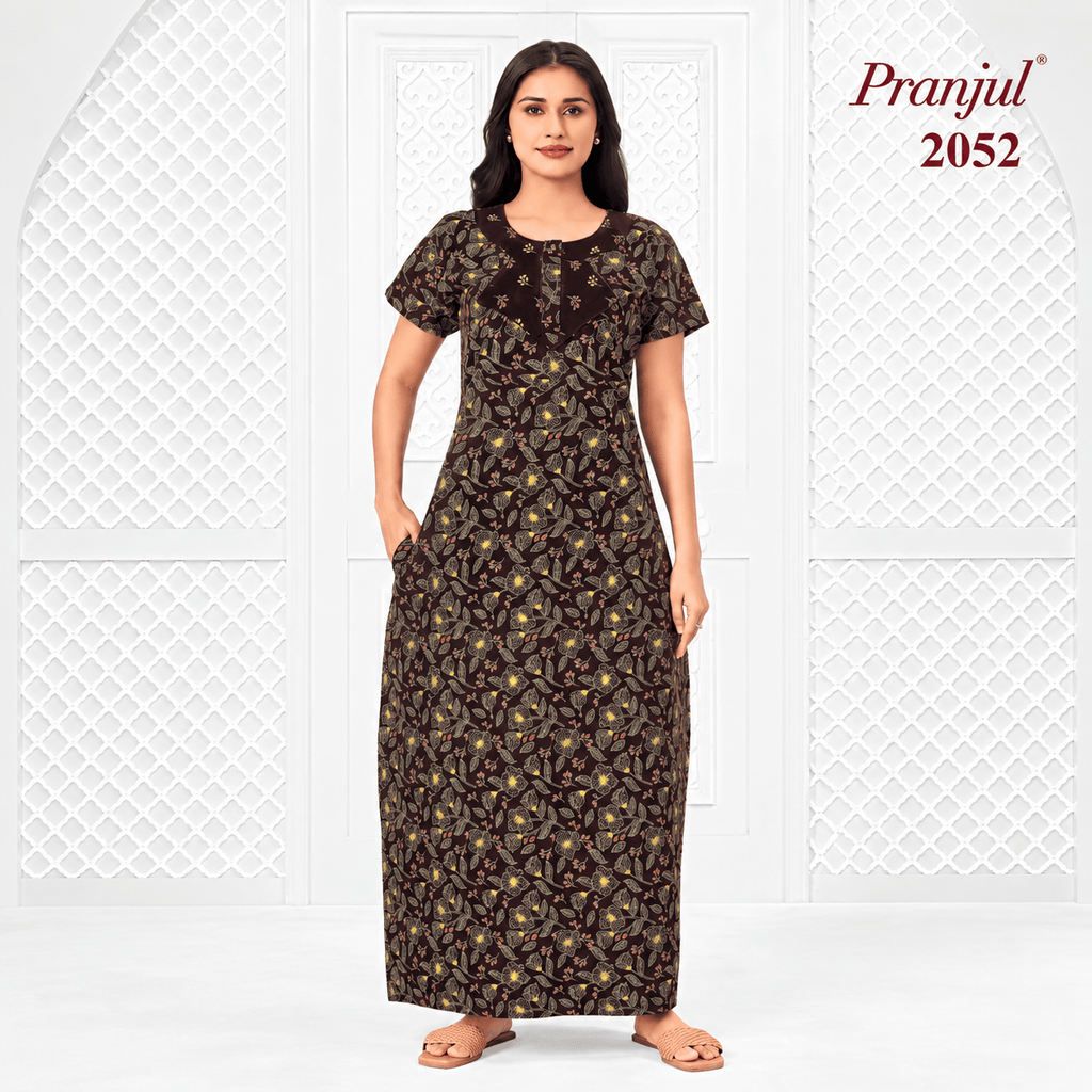 Pranjul 2052 Floral Printed Cotton Nighty for Women – Comfortable Full-Length Nightdress with Side Pocket OneZeros