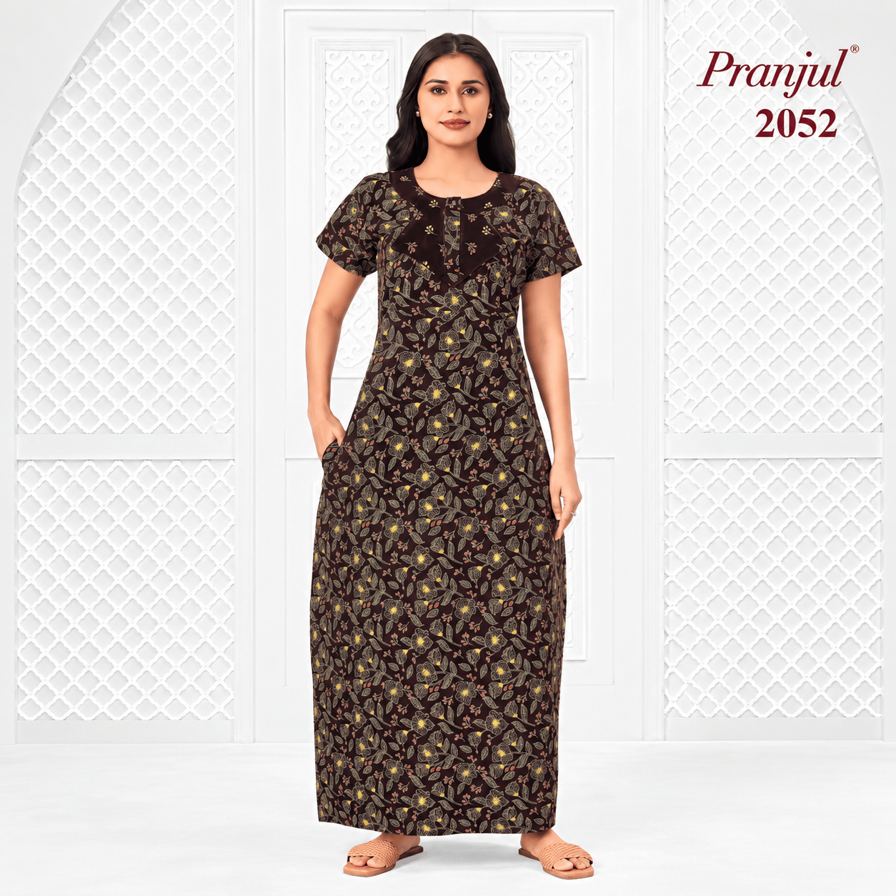 Pranjul 2052 Floral Printed Cotton Nighty for Women – Comfortable Full-Length Nightdress with Side Pocket OneZeros