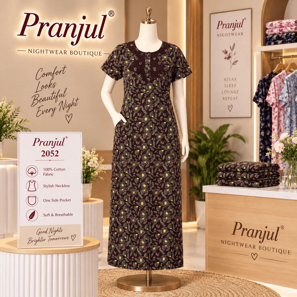 Pranjul 2052 Floral Printed Cotton Nighty for Women – Comfortable Full-Length Nightdress with Side Pocket OneZeros