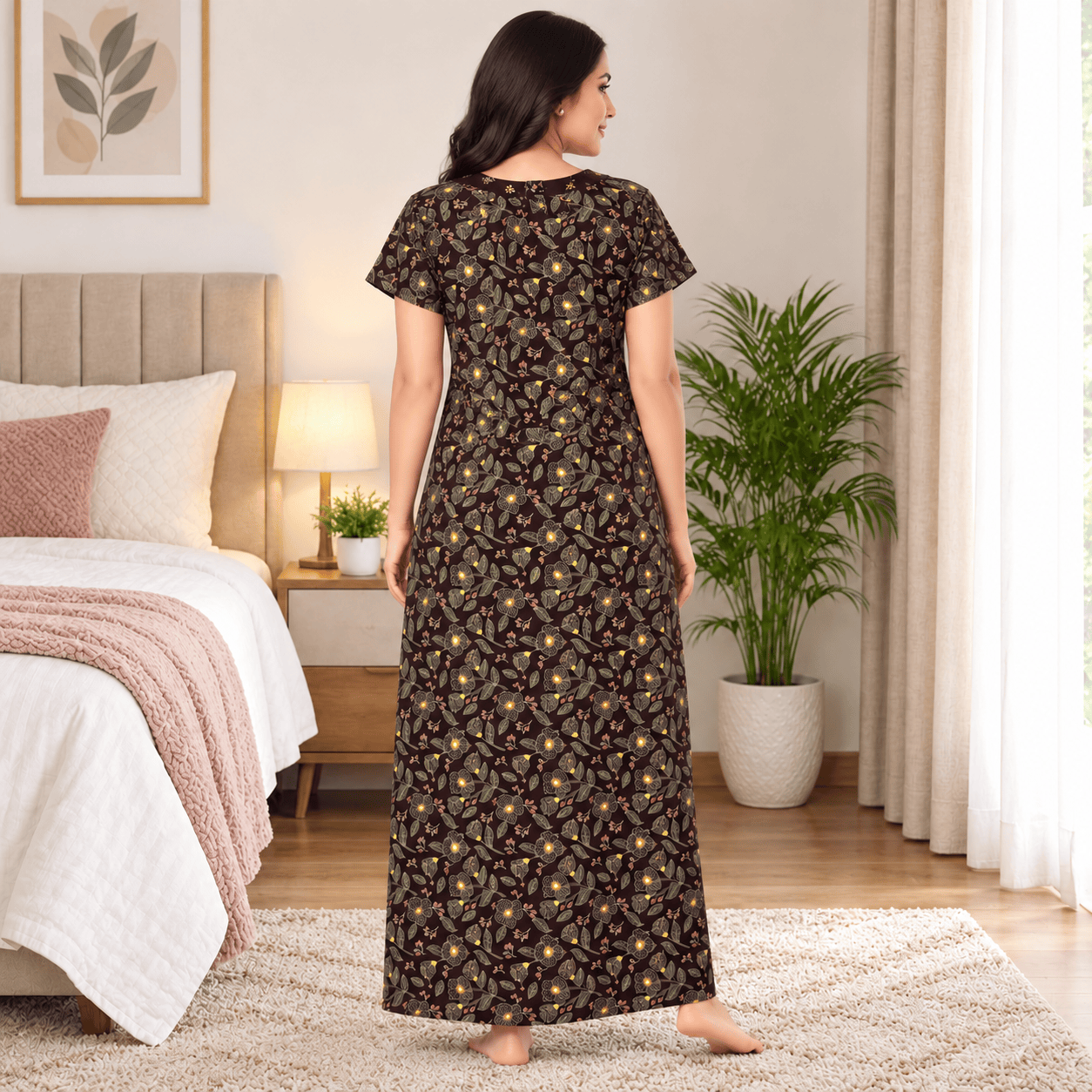 Pranjul 2052 Floral Printed Cotton Nighty for Women – Comfortable Full-Length Nightdress with Side Pocket OneZeros