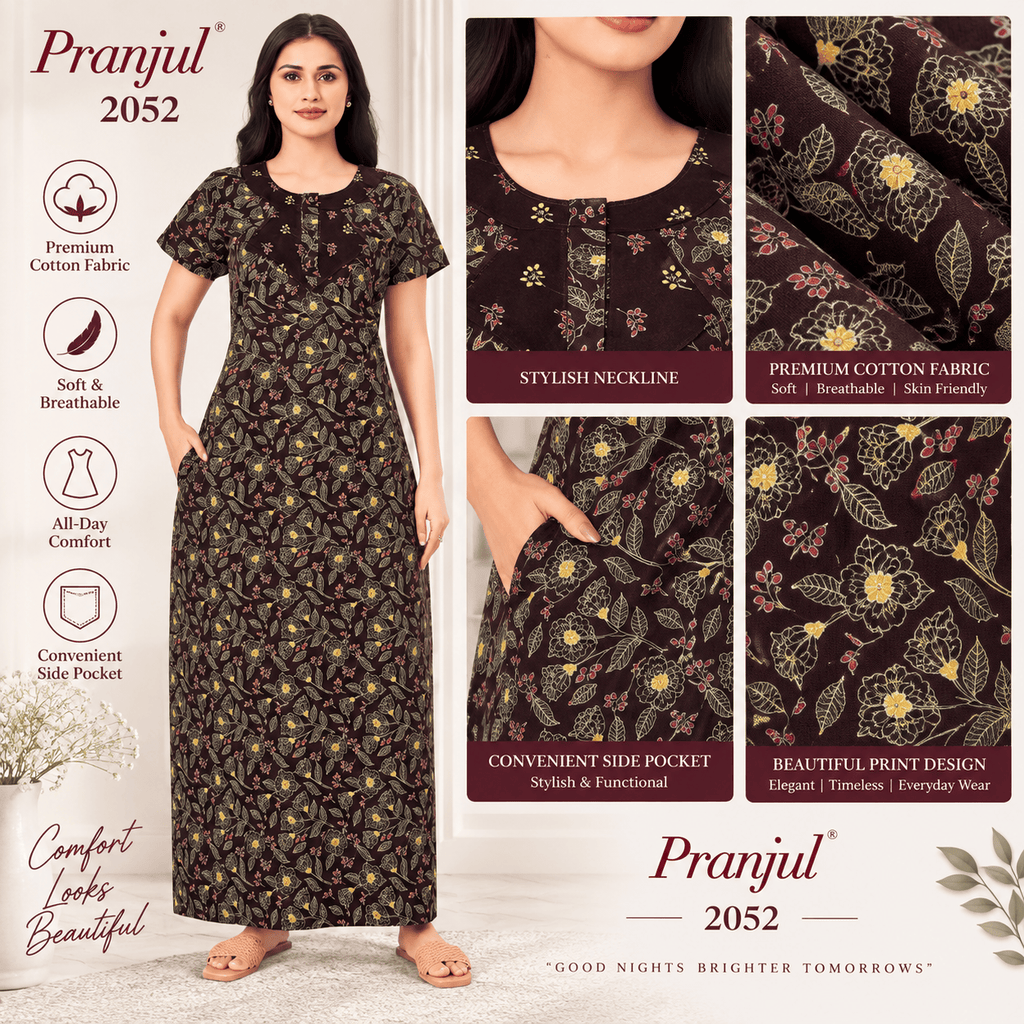 Pranjul 2052 Floral Printed Cotton Nighty for Women – Comfortable Full-Length Nightdress with Side Pocket OneZeros