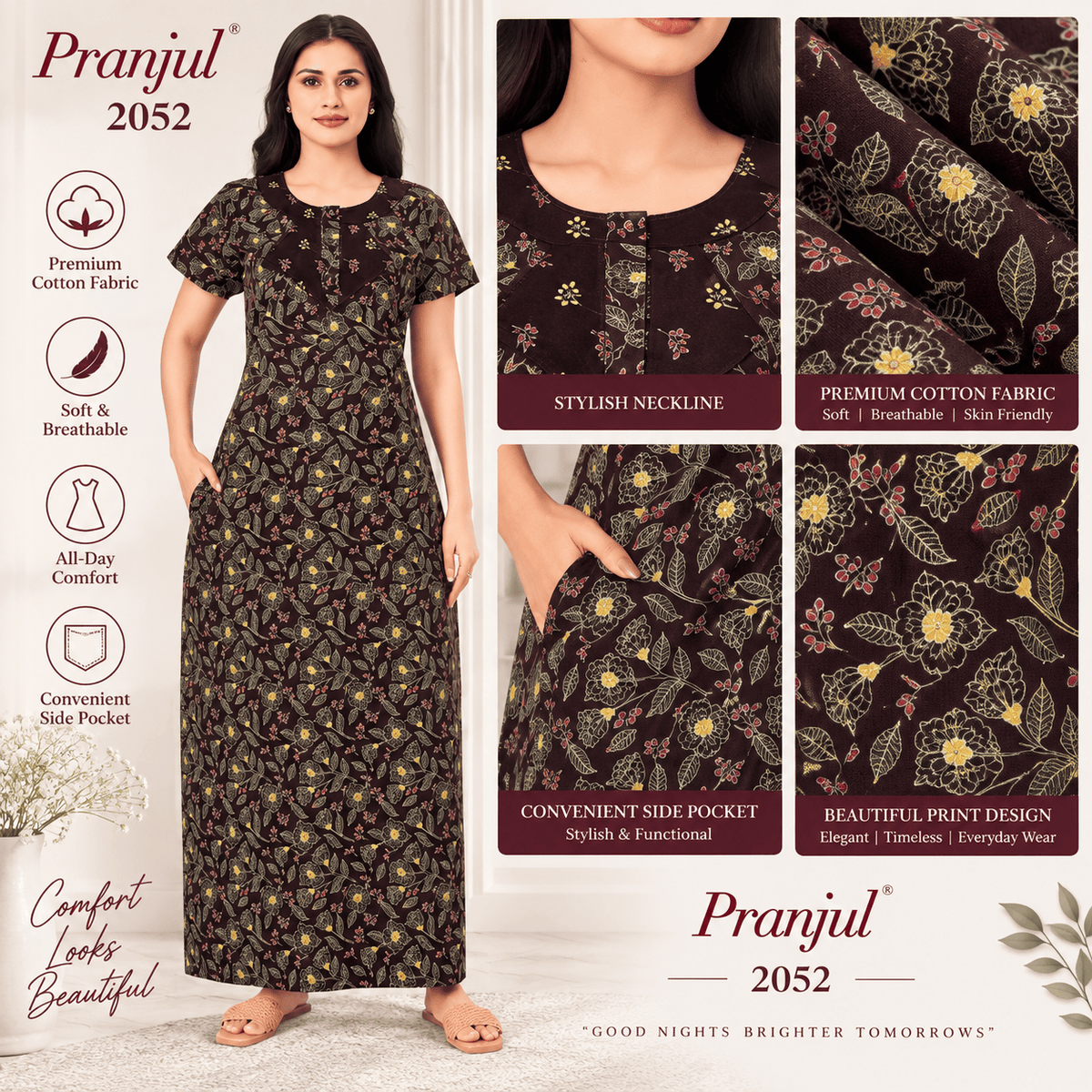Pranjul 2052 Floral Printed Cotton Nighty for Women – Comfortable Full-Length Nightdress with Side Pocket OneZeros