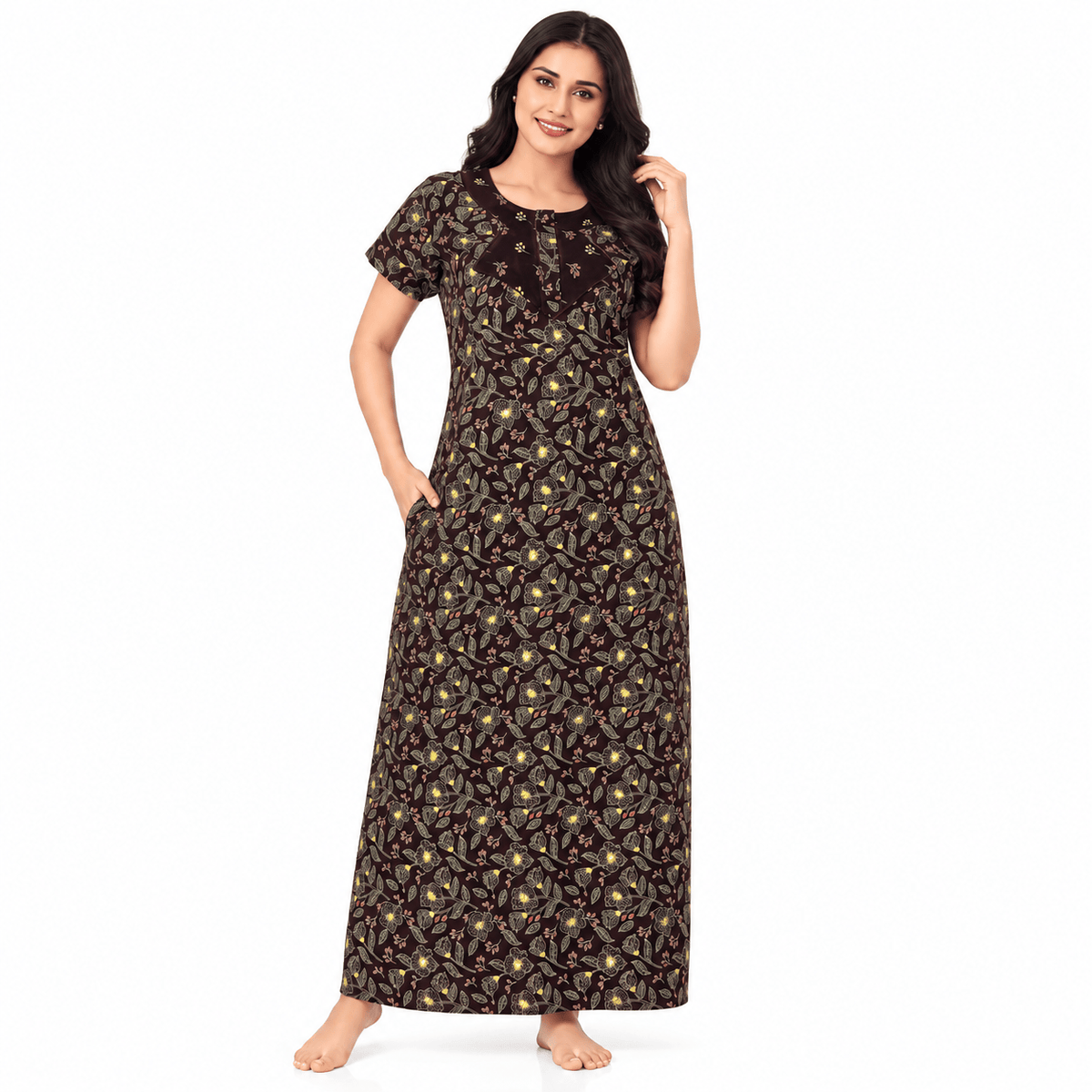 Pranjul 2052 Floral Printed Cotton Nighty for Women – Comfortable Full-Length Nightdress with Side Pocket OneZeros