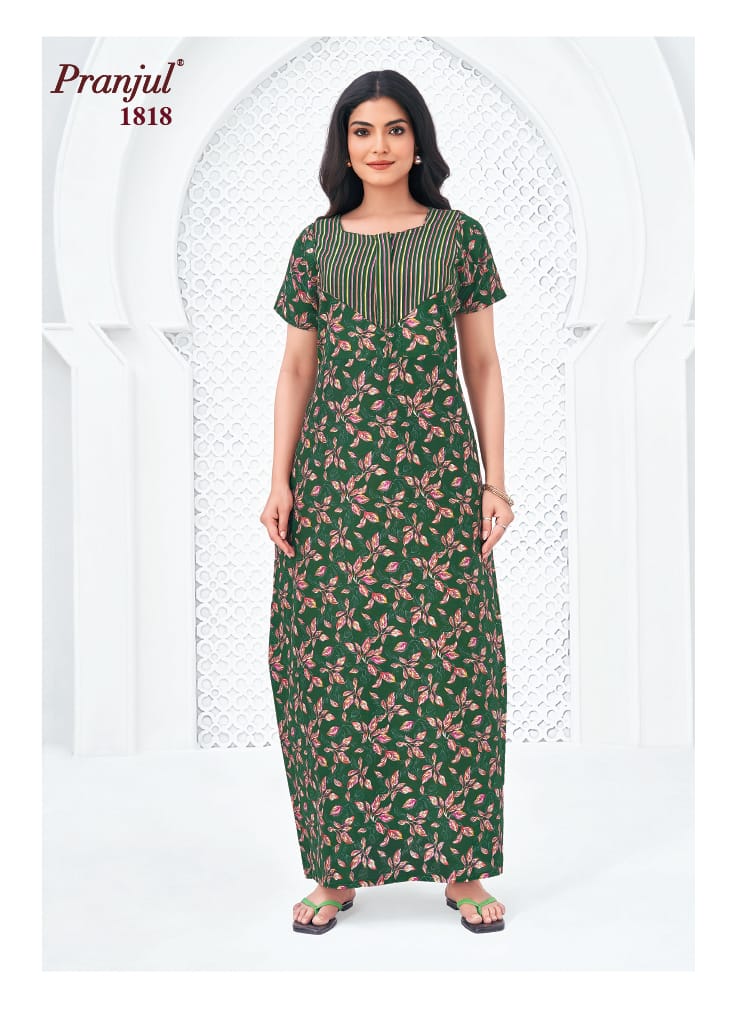Pranjul Green Color Floral Cotton Nighty -1818 XL Onezeros.in