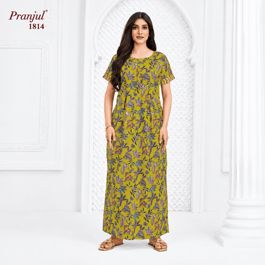Pranjul Mustard Yellow Color Floral Pattern Cotton Nighty XL Onezeros.in
