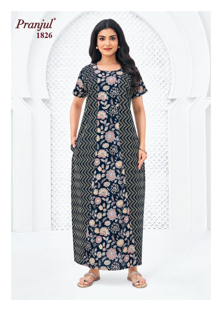 Pranjul Navy Blue Color Wave Pattern Cotton Nighty XL Onezeros.in