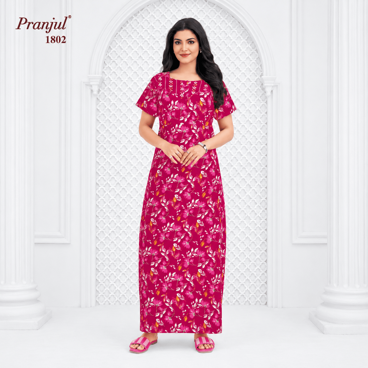 Pranjul Pictorial Carmine Floral Print Cotton Nighty XL Onezeros.in