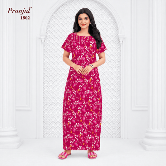 Pranjul Pictorial Carmine Floral Print Cotton Nighty XL Onezeros.in