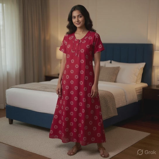Women's Red Floral Printed Cotton Nighty with Front Pocket – Soft Daily Wear House Dress