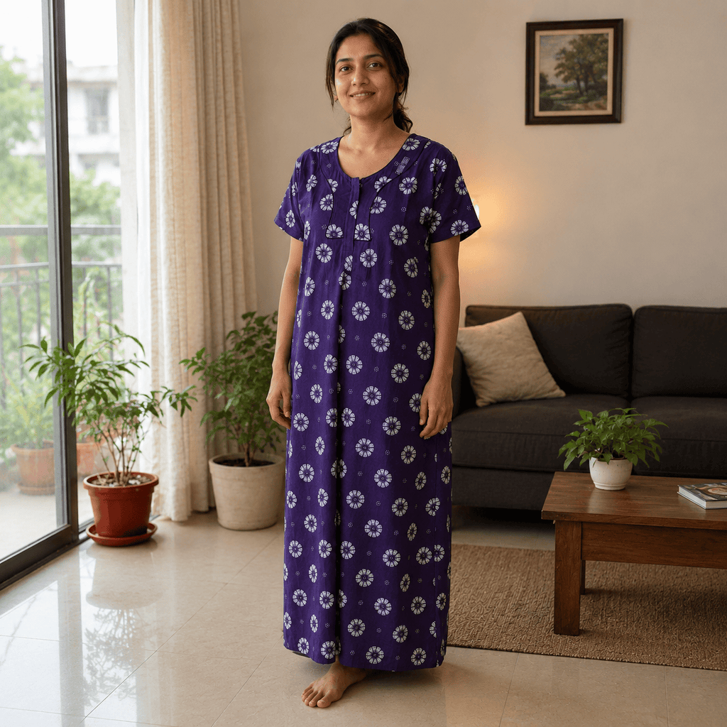 Purple Floral Cotton Nighty for Women – Soft Breathable Full Length Nightdress XXL OneZeros