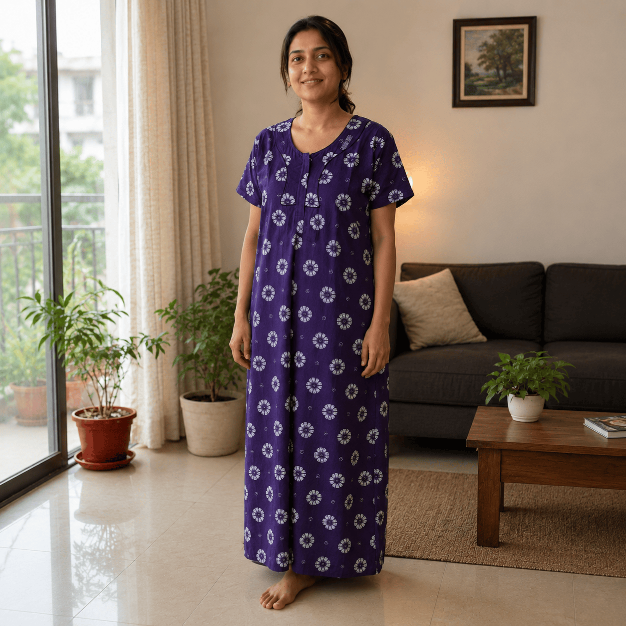 Purple Floral Cotton Nighty for Women – Soft Breathable Full Length Nightdress XXL OneZeros