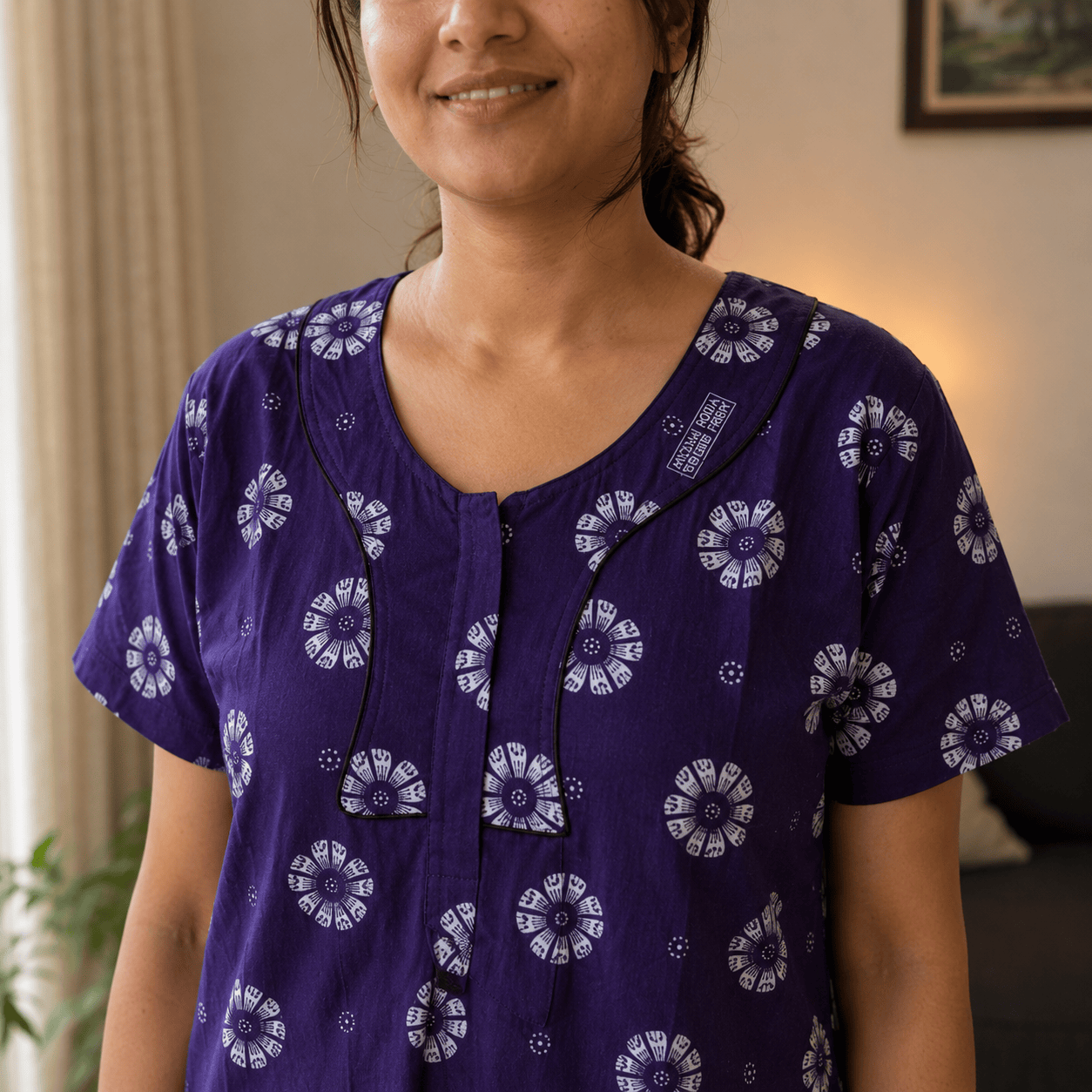 Purple Floral Cotton Nighty for Women – Soft Breathable Full Length Nightdress OneZeros