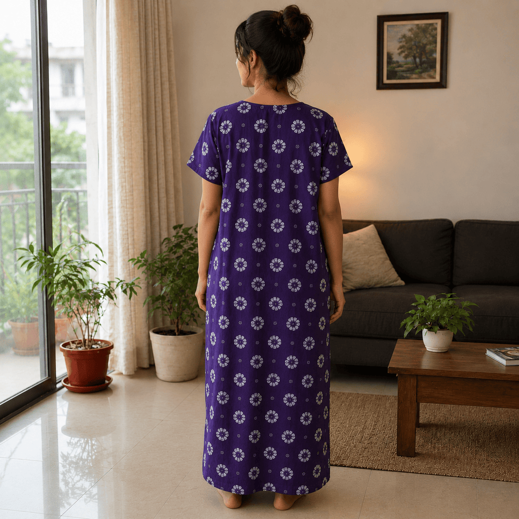 Purple Floral Cotton Nighty for Women – Soft Breathable Full Length Nightdress OneZeros