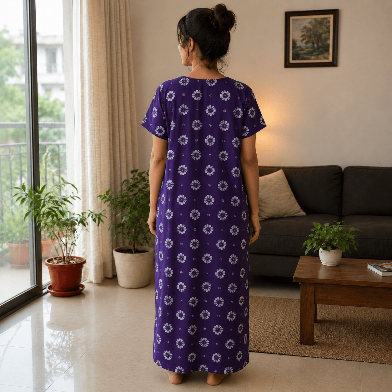 Purple Floral Cotton Nighty for Women – Soft Breathable Full Length Nightdress OneZeros