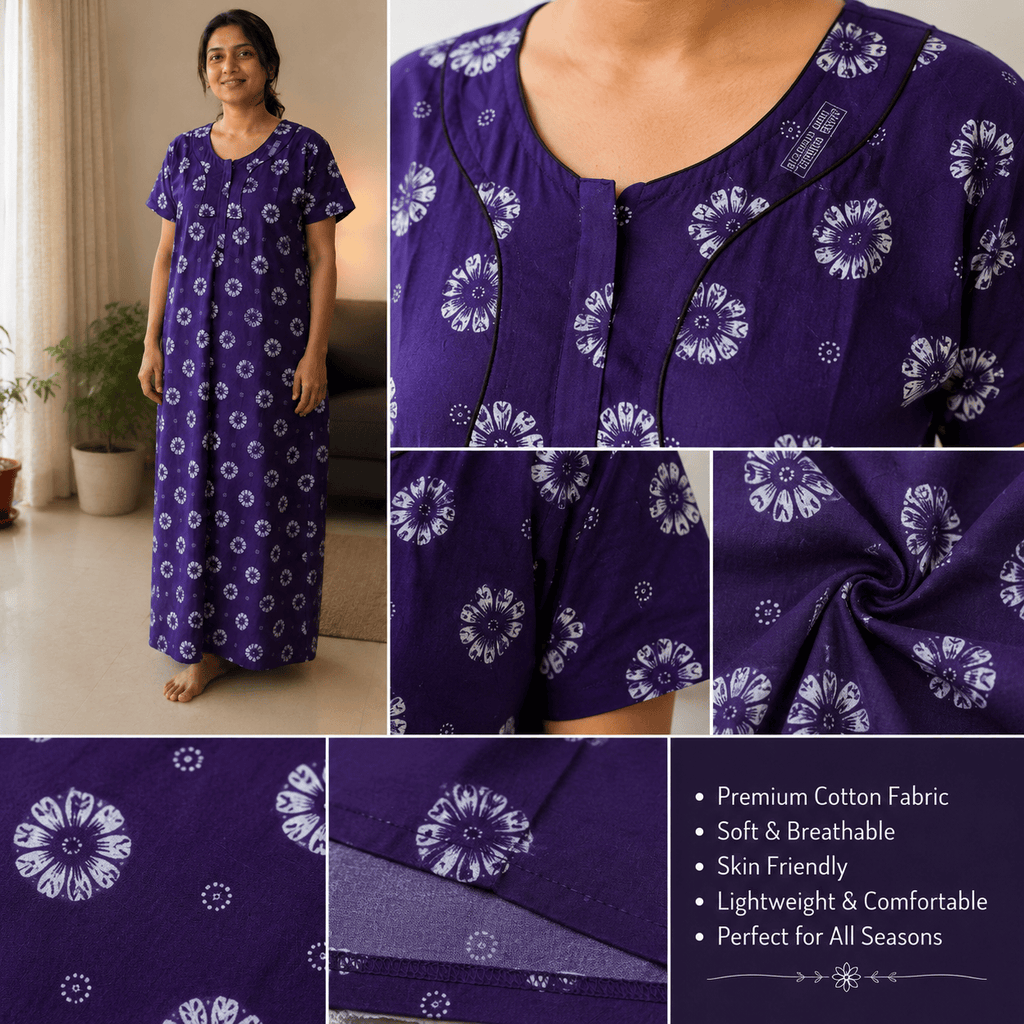 Purple Floral Cotton Nighty for Women – Soft Breathable Full Length Nightdress OneZeros