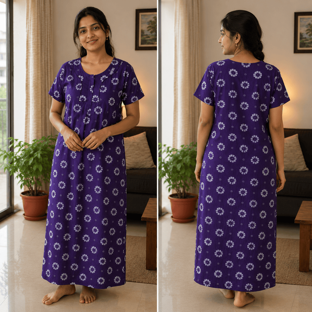 Purple Floral Cotton Nighty for Women – Soft Breathable Full Length Nightdress OneZeros