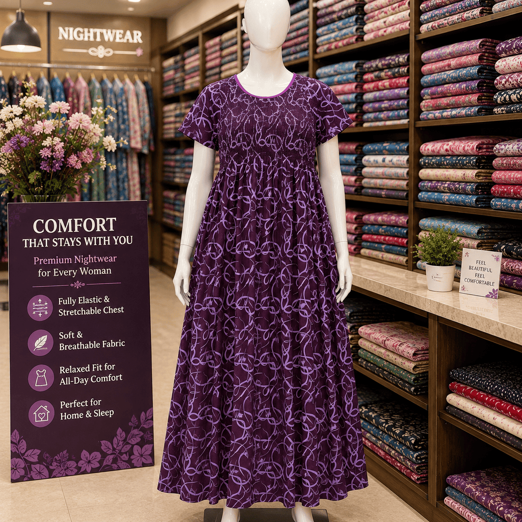 Purple Printed Nighty for Women – Free Size Stretchable Elastic Chest Free Size OneZeros